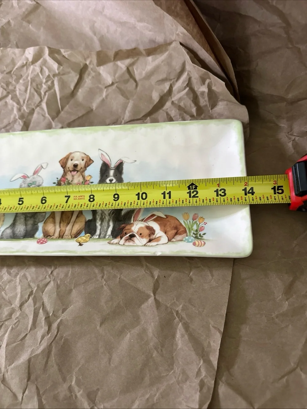 Pier 1 White Ceramic Pet Tray with Easter Puppy Illustration
